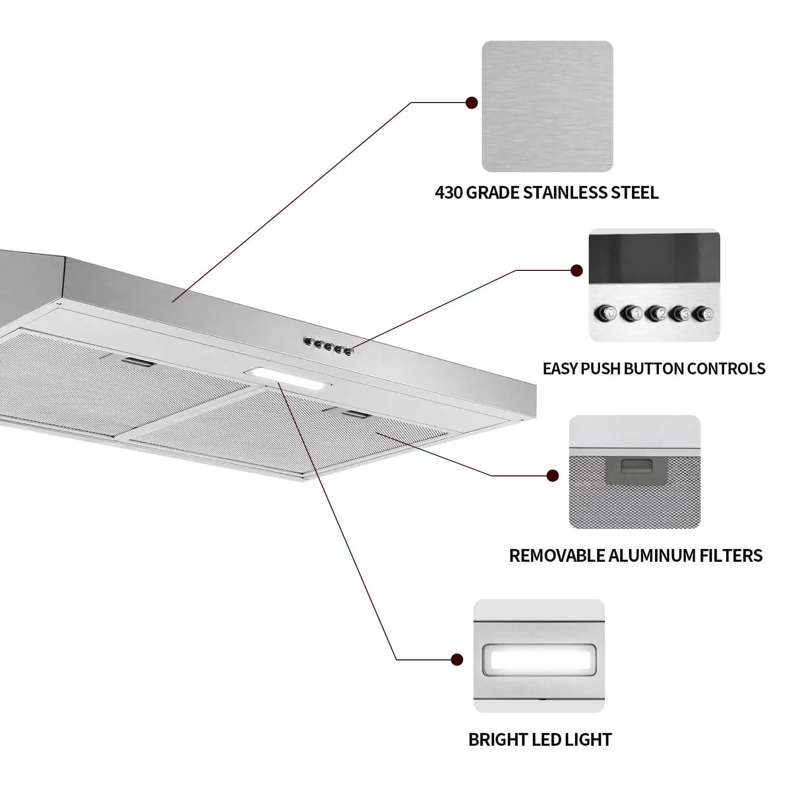 30 inch 230 CFM Under Cabinet Mount Stainless Steel with Carbon Filter LED Lights Kitchen Range Hood USGF2375CF