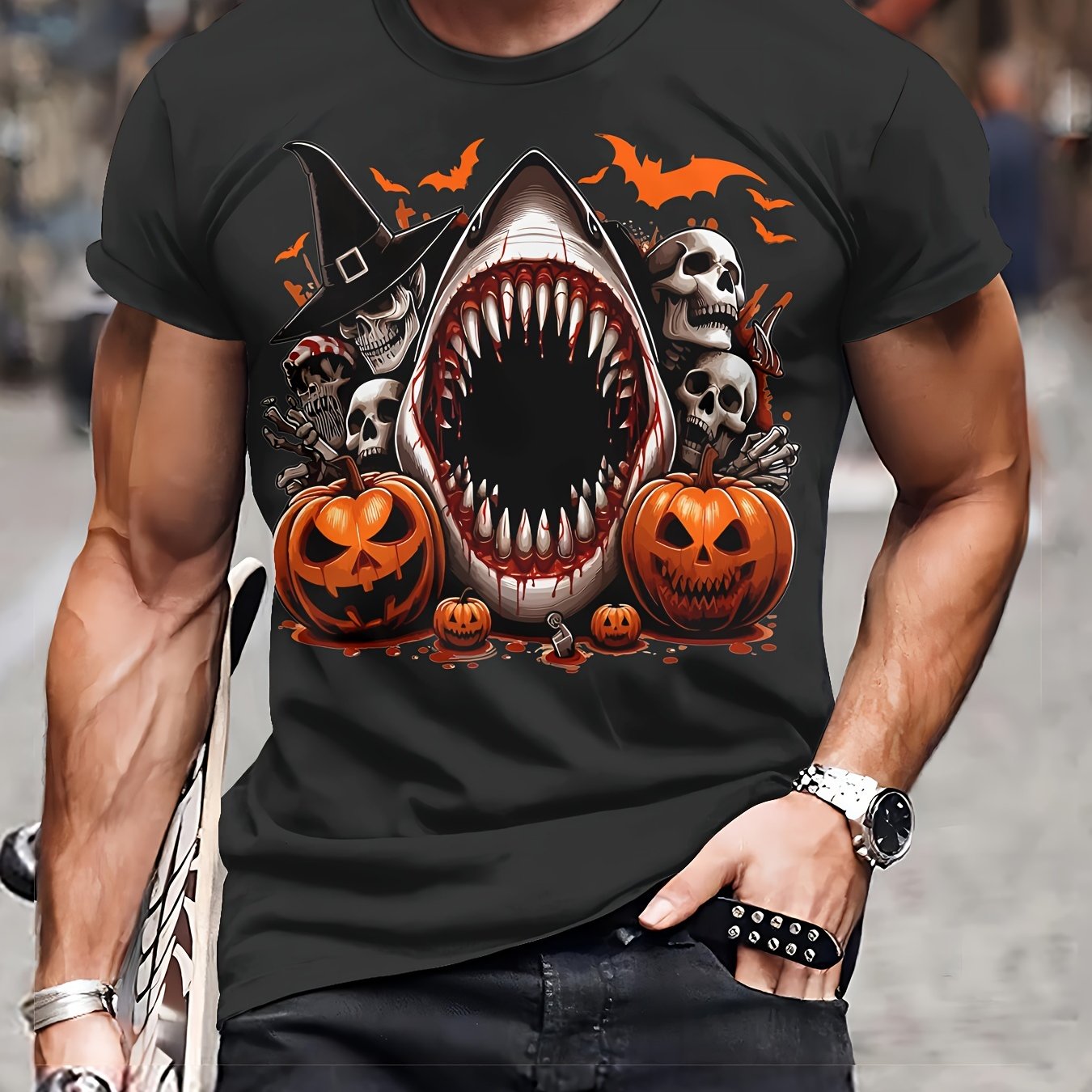 Slightly Elastic With 3D Shark And Halloween Pumpkin Patterns Fitted Knit Fabric Men's Casual Polyester Round Neck T-shirt