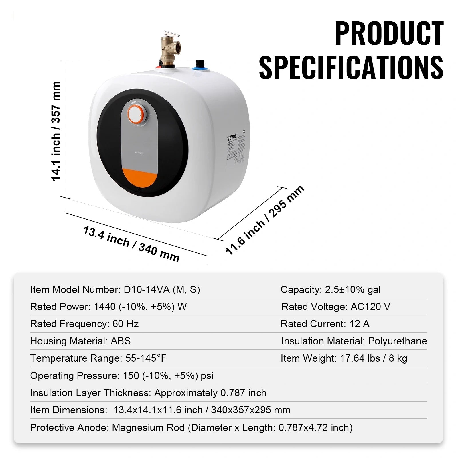 Electric Mini-Tank Water Heater, 2.5/4/8-Gal Tank Hot Water Storage, Safety Temperature Pressure Valve,for Kichen Bathroom