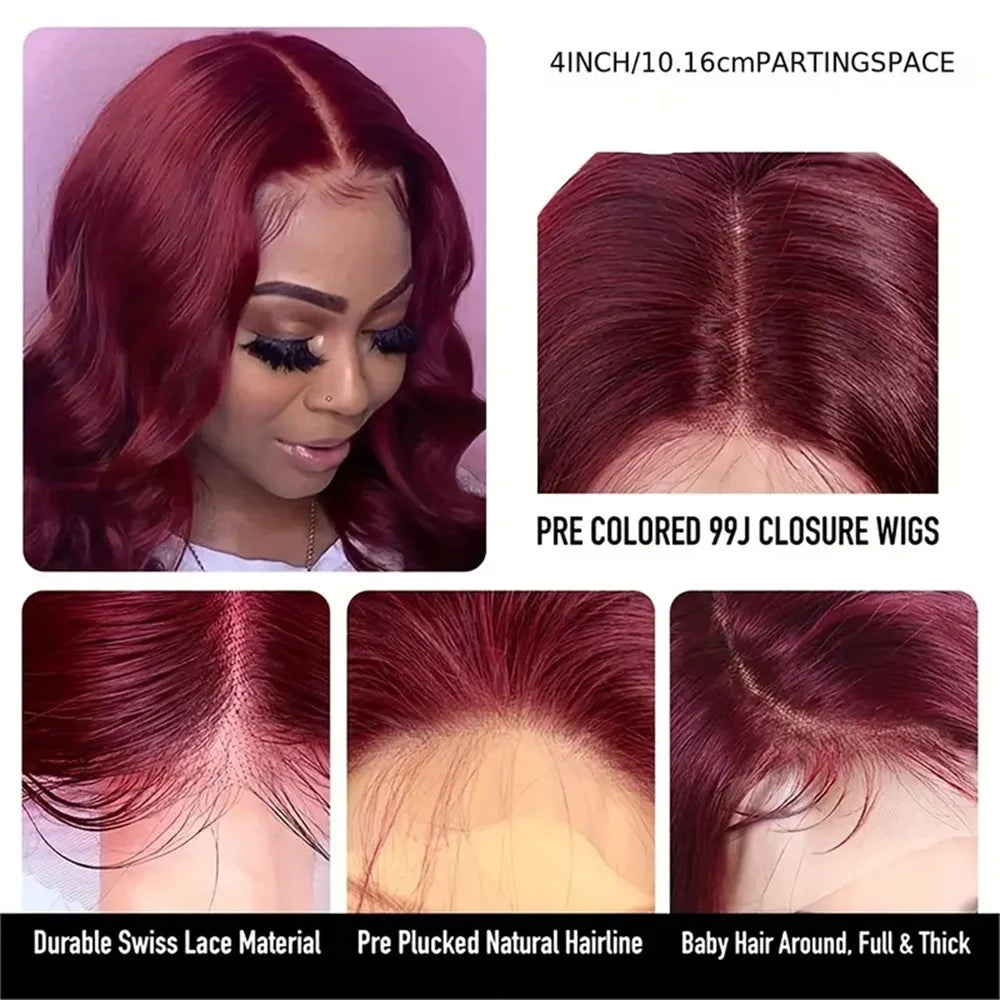 Body Wave 13x6 Transparent Lace Front Human Hair Wig 99J Burgundy 13x4 hd Lace Frontal Wigs For Women Colored 30 inch Wigs