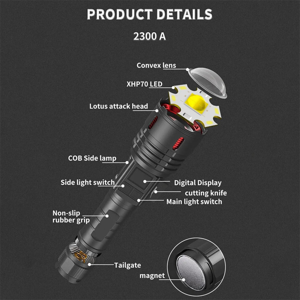 LED Flashlight 10W Tactical USB Rechargeable Light Super Bright Torch Lantern Long Shot Range Hand Lamp For Outdoor Camping