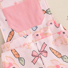 Adorable Infant Easter Romper Sleeveless Square Neck Bunny Print Overalls Suspender Jumpsuit with Bow Detail