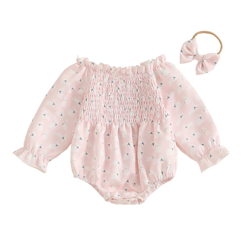 Adorable Toddler Girls Floral Print Ruffle Sleeve Rompers with Matching Bow Headband Set for Spring Outfits