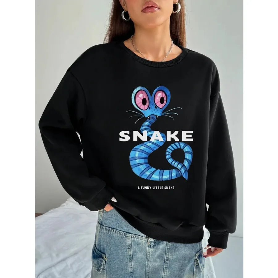 Women Basic Casual Pullover Long Sleeve Autumn Spring Wacky Snake Printed Round Neck