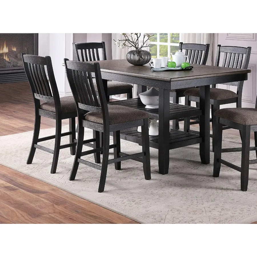 Counter Height Dining Table Dark Coffee Finish Kitchen Breakfast Dining Room Furniture Rubber Wood 2 Storage Shelves