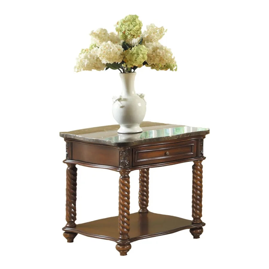 Formal Marble Top End Table Drawer Lower Shelf Mahogany Finish Spiral Turned Legs Wooden 1pc Living Room Furniture Side Table