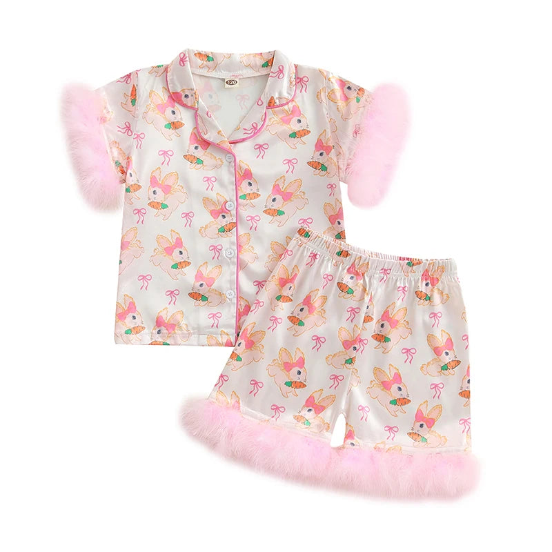 Toddler Boy Easter Pajamas Set with Cute Chick Print Lapel Feather Short Sleeve Button Down Tops and Shorts Satin Sleepwear