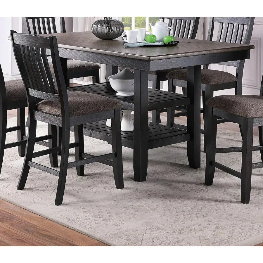 Counter Height Dining Table Dark Coffee Finish Kitchen Breakfast Dining Room Furniture Rubber Wood 2 Storage Shelves