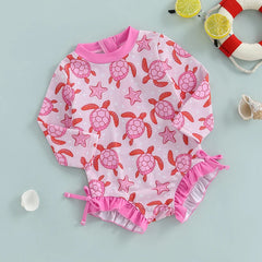 Infant Girls  Swimsuit with UPF 50 Sun Protection Long Sleeve Floral Print Baby Ruffles Bathing Suit Swimwear