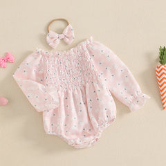 Adorable Toddler Girls Floral Print Ruffle Sleeve Rompers with Matching Bow Headband Set for Spring Outfits