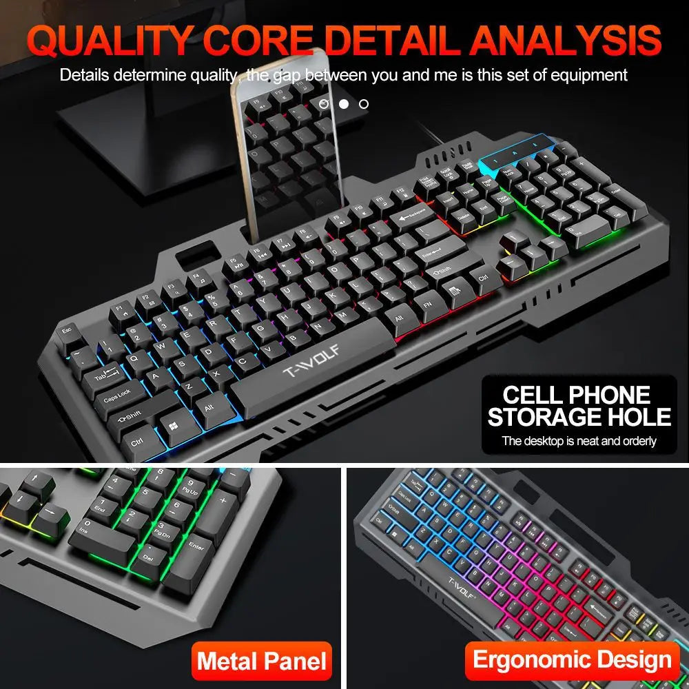 New T16 Gaming Keyboard Metal Plate Backlit Color Luminous USB Wired Game Keyboards for Home Desktop Computer Business Office