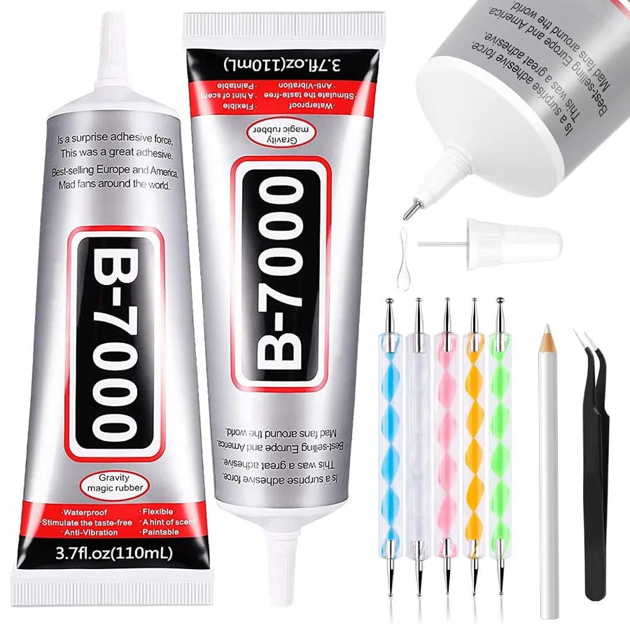 B7000 Adhesive Rhinestones Glue for Crafts 2PCS 110ml 3.7 fl oz B7000 Clear Glue with 5 Dotting Pen Tool Wax Pencil and Tweezer