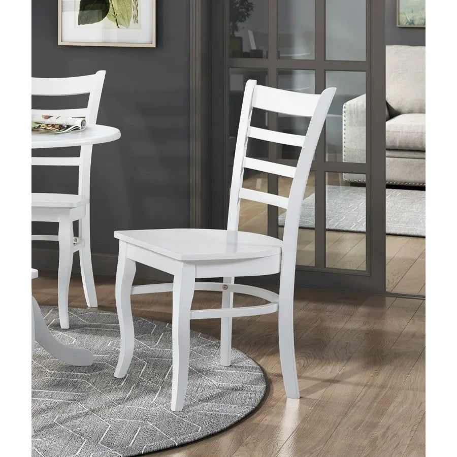 White Finish 5pc Dining Set Round Table 4 Chairs Wooden Ladder-Back Casual Farmhouse Style Kitchen Dining Room Furniture