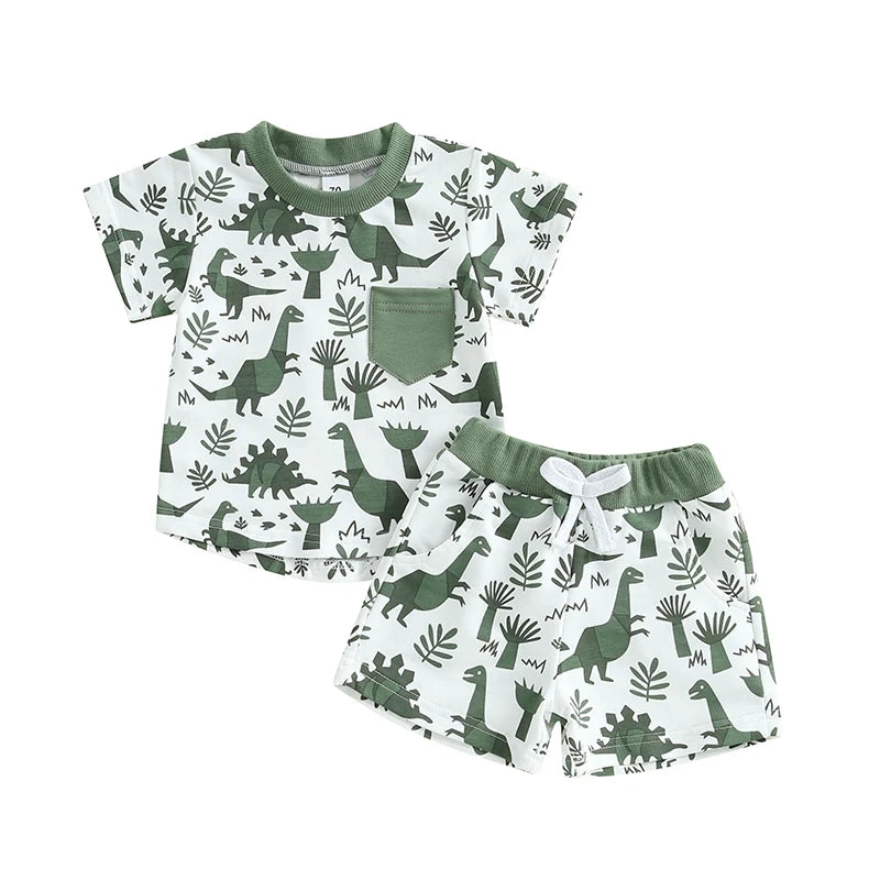 Infant Baby Boy Dino Print Tee and Shorts Set with Elastic Waistband for Summer - 2 Piece Toddler Outfit