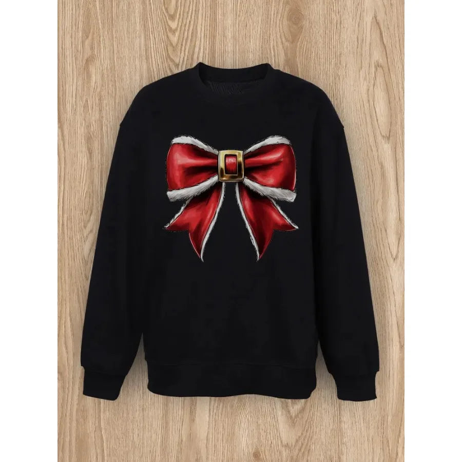 Women Basic Casual Pullover Long Sleeve Round Neck Plush Bow Printed Spring Autumn Christmas