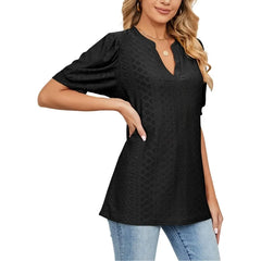 Women's Summer V-Neck Pleated Sleeve Short-Sleeved Casual Top-Shirt