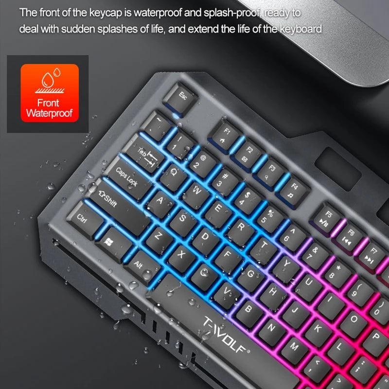 New T16 Gaming Keyboard Metal Plate Backlit Color Luminous USB Wired Game Keyboards for Home Desktop Computer Business Office