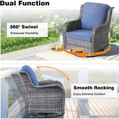 Patio Outdoor Wicker Swivel Rocking Chairs with Side Table, 3 Piece All Weather High Back Rocker Furniture Set for Garden