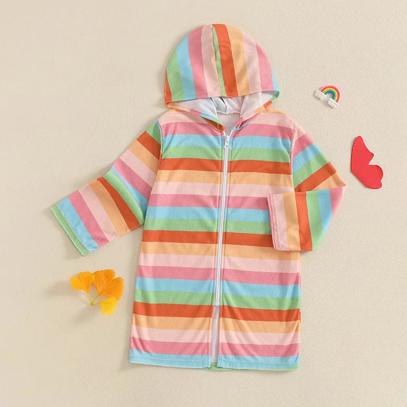 Children s Hooded Beach Poncho Towels with Vibrant Rainbow Stripes and Tie Dye Design Featuring Loose Fit Long Sleeves and