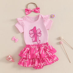 Newborn Baby Girls 1st Birthday Outfits Flying Sleeves Romper with Bow Print Tiered Ruffled Shorts and Headband 3PCS Sets