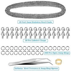 50 Feet Stainless Steel Chains for Jewelry Making Anezus Jewelry Chain Bulk Small Metal Chains with 100 Jump Rings 30 Lobster C