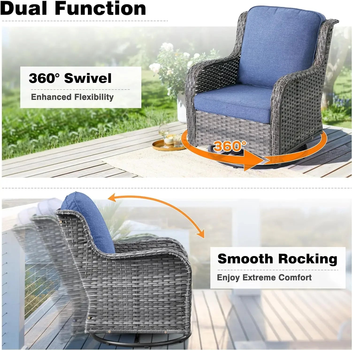 Patio Outdoor Wicker Swivel Rocking Chairs with Side Table, 3 Piece All Weather High Back Rocker Furniture Set for Garden