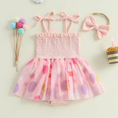 Baby Girl Floral Print Ruffle Sleeve Romper Dress with Matching Headband 2 Piece Set for Summer Outings and Parties