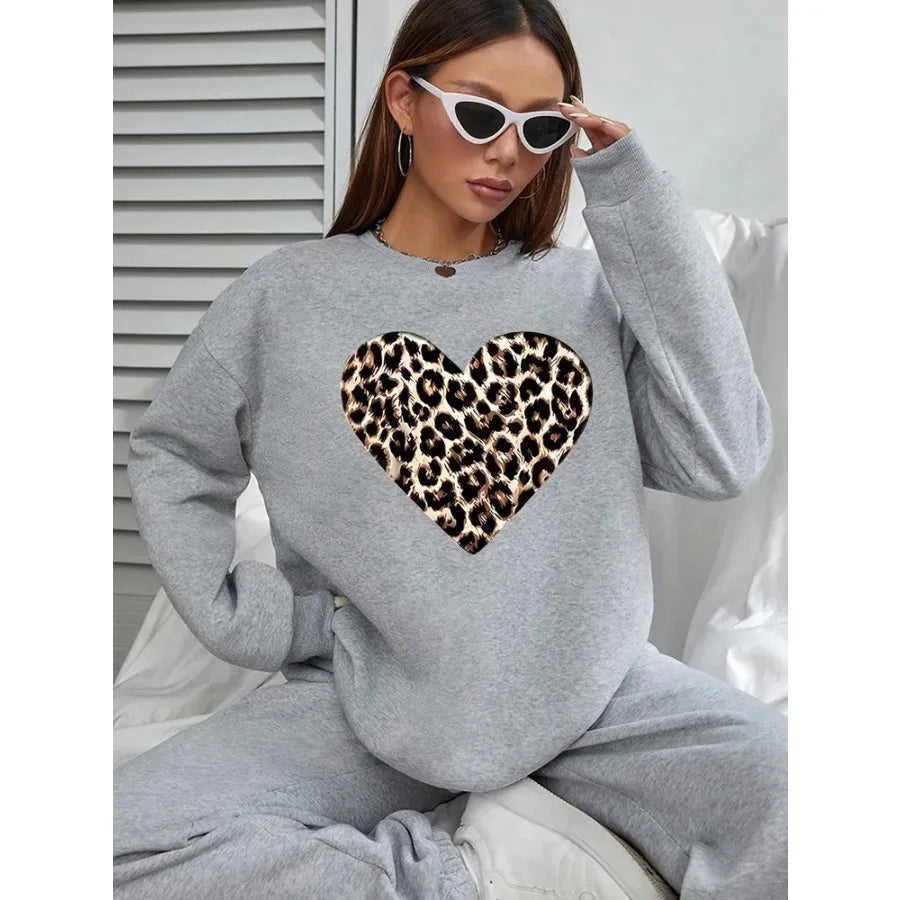 Women Basic Casual Pullover Spring Autumn Long Sleeve Leopard Print Round Neck