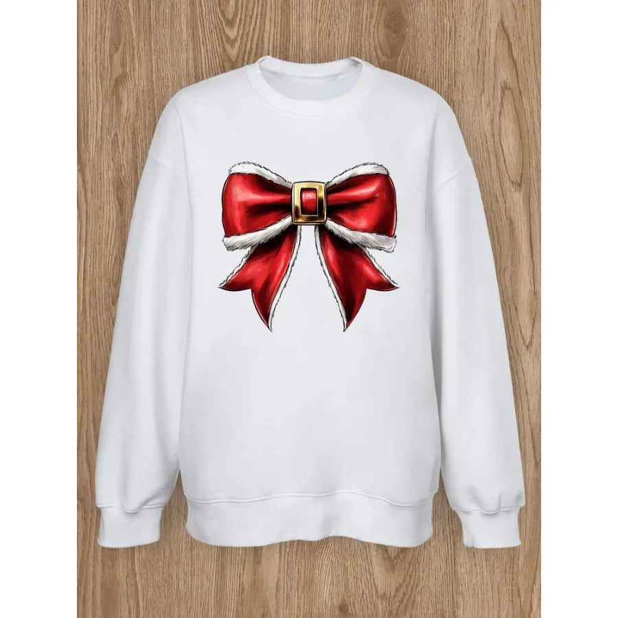 Women Basic Casual Pullover Long Sleeve Round Neck Plush Bow Printed Spring Autumn Christmas