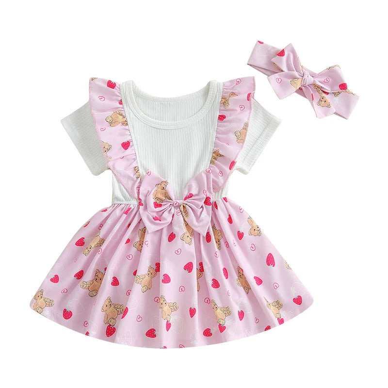 Cute Baby Girls Floral Print Sleeveless Romper Dress with Bow Headband Set Round Neck Ruffles Skirt Hem Infant Jumpsuits