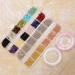 4mm Natural Mixed Materials Gemstones Beads and Brass Tiny Spacer Round Loose Beads Jewelry Making KIT with Thread and Needles