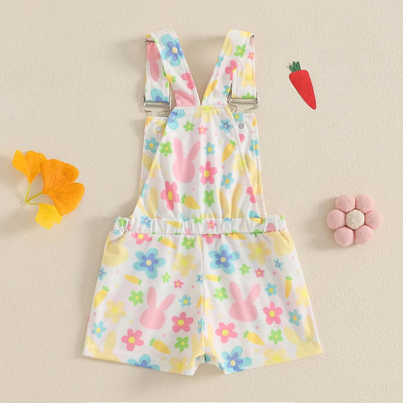 3-7Years Kids Girl Overalls Rompers Easter Egg/Bunny Print Sleeveless Square Neck Suspender Romper Toddlers Jumpsuit