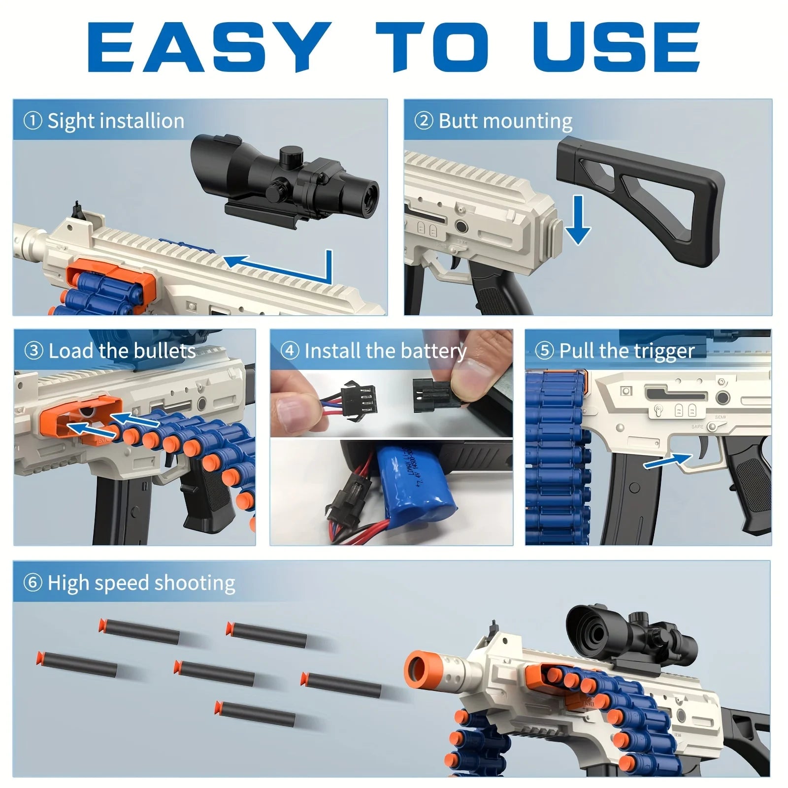 Soft Bullet Toy Gun Electric Automatic Toy, Toy Blaster with 26 Dart Clips and 30 Foam Darts, Outdoor Shooting Games Toys