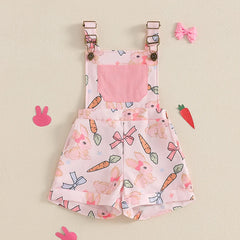 Adorable Infant Easter Romper Sleeveless Square Neck Bunny Print Overalls Suspender Jumpsuit with Bow Detail