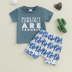 Infant Cowboy Style Shirt and Shorts Set with Letter Print and Cactus Design Elastic Waistband for Comfort