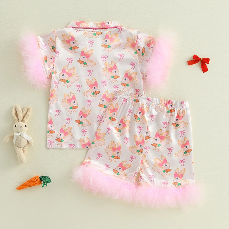 Toddler Boy Easter Pajamas Set with Cute Chick Print Lapel Feather Short Sleeve Button Down Tops and Shorts Satin Sleepwear