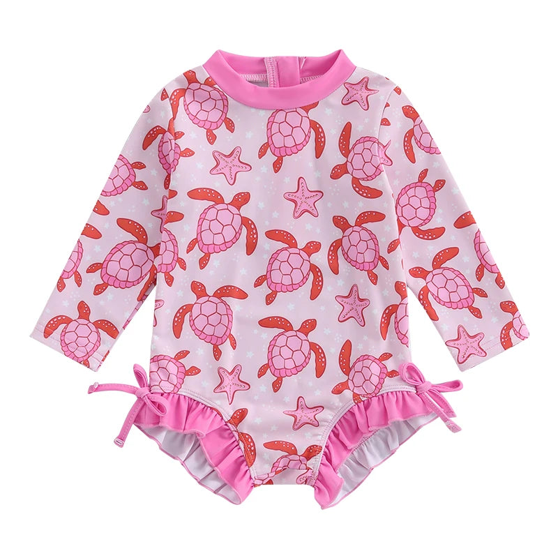 Infant Girls  Swimsuit with UPF 50 Sun Protection Long Sleeve Floral Print Baby Ruffles Bathing Suit Swimwear