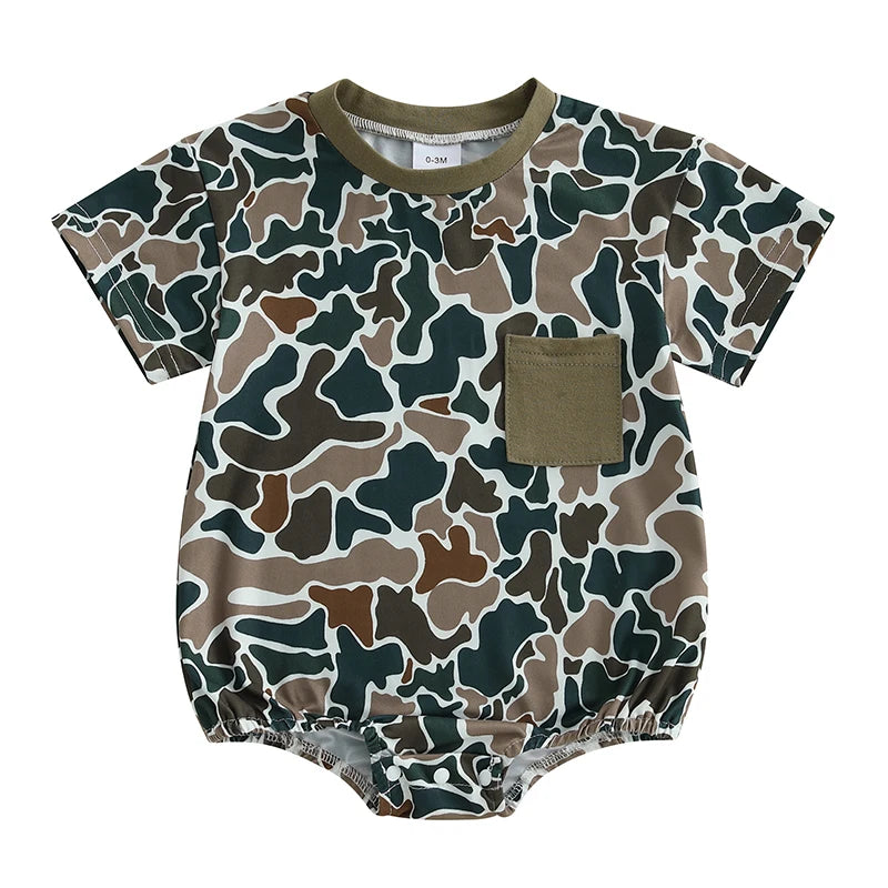 Toddler Boy Lightweight Cotton Short Sleeve Round Neck Camo Romper with Loose Fit and Snap Closure