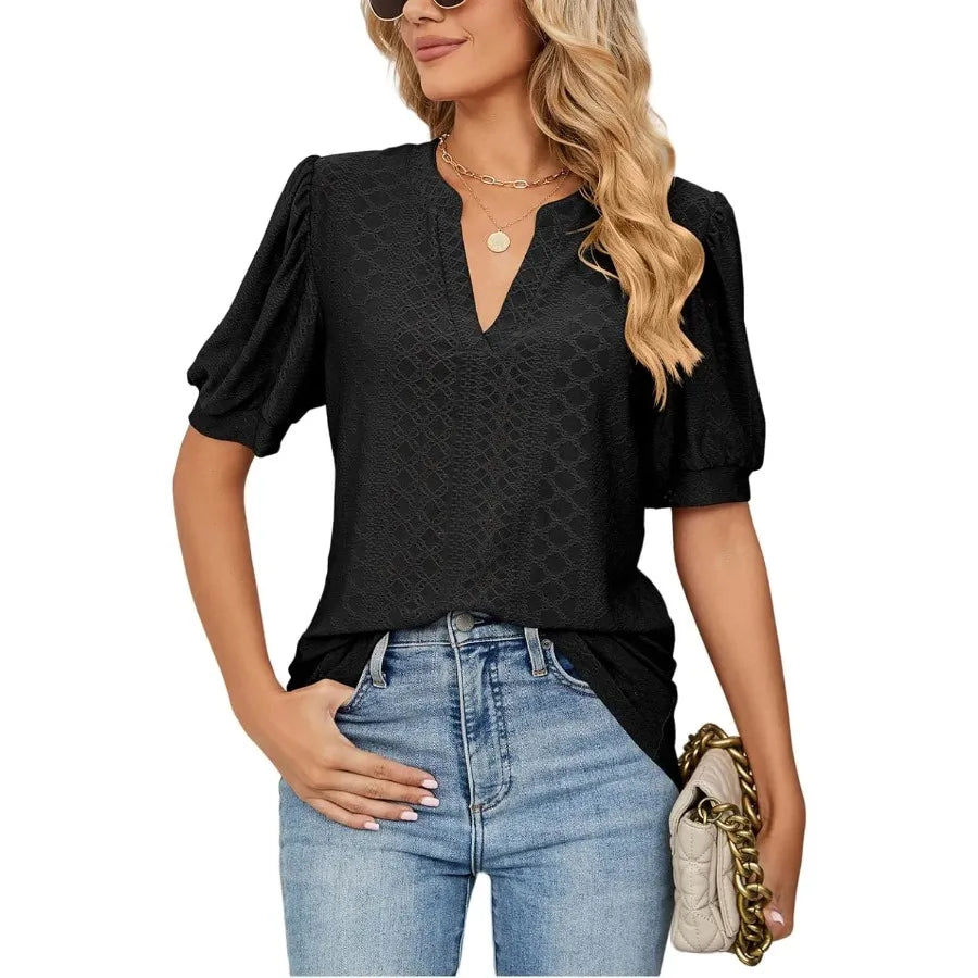 Women's Summer V-Neck Pleated Sleeve Short-Sleeved Casual Top-Shirt