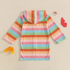 Children s Hooded Beach Poncho Towels with Vibrant Rainbow Stripes and Tie Dye Design Featuring Loose Fit Long Sleeves and