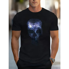 Men's Skull Print T-Shirt Casual Round Neck Soft Polyester Blend Machine Washable Top for Summer Outdoor Activities