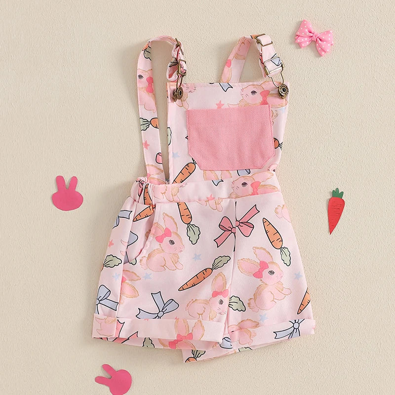 Adorable Infant Easter Romper Sleeveless Square Neck Bunny Print Overalls Suspender Jumpsuit with Bow Detail