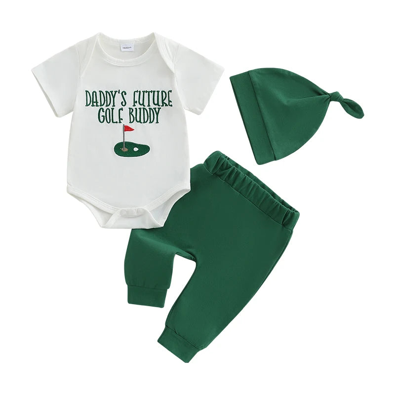 Infant Boy 3-Piece Outfit Set with Short Sleeve Golf Court Embroidered Romper Solid Color Pants and Matching Hat for a