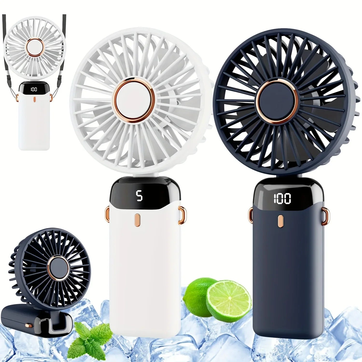 Portable Handheld Fan 2 Pack, Rechargeable Mini Foldable Fan with 5 Speeds and Power Display for Indoor Outdoor Travel Camping