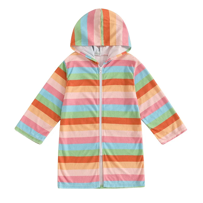 Children s Hooded Beach Poncho Towels with Vibrant Rainbow Stripes and Tie Dye Design Featuring Loose Fit Long Sleeves and