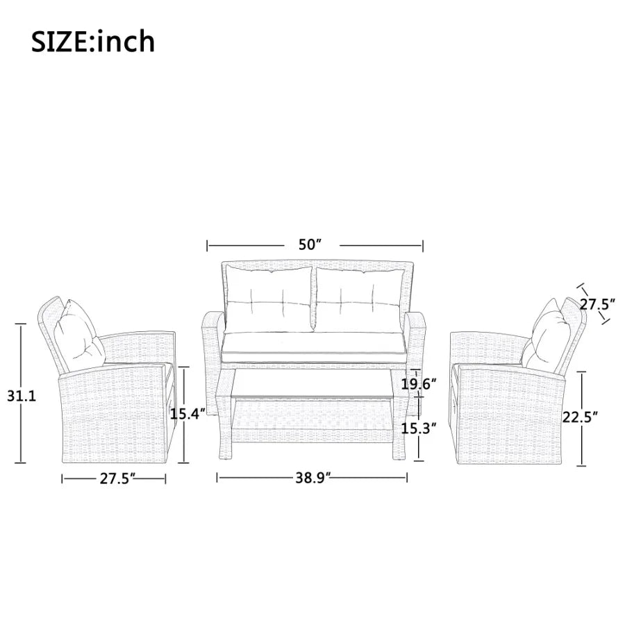 4 Piece Outdoor All Weather Wicker Patio Furniture Set with Ottoman and Cushions