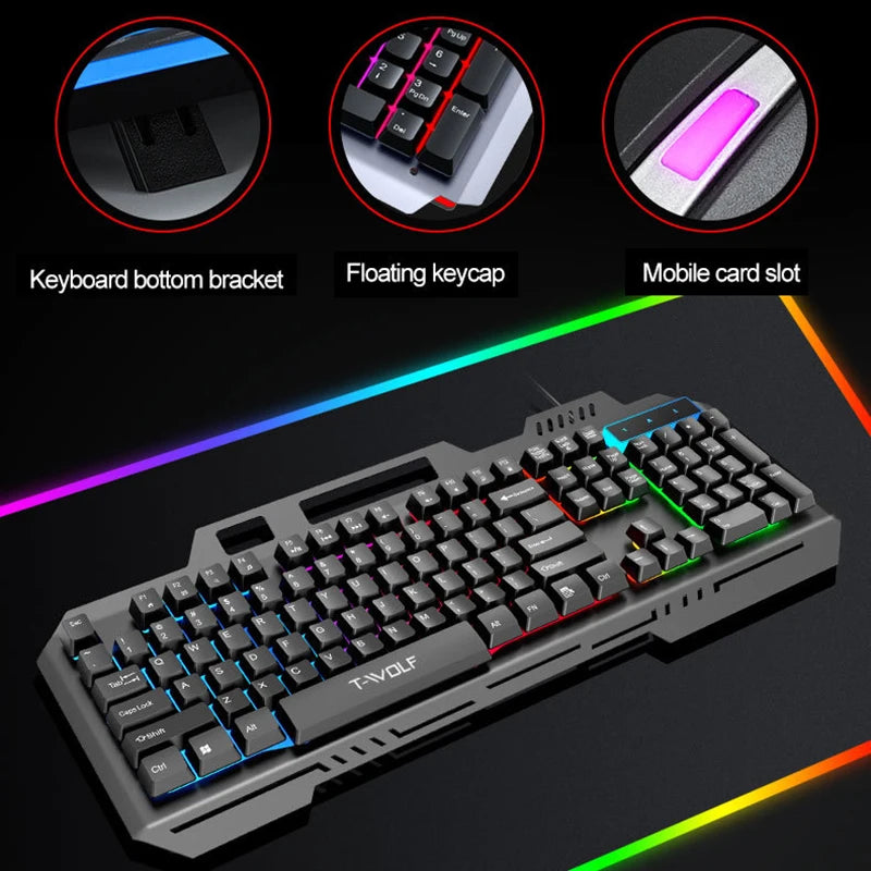 New T16 Gaming Keyboard Metal Plate Backlit Color Luminous USB Wired Game Keyboards for Home Desktop Computer Business Office