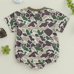 Toddler Boy Lightweight Cotton Short Sleeve Round Neck Camo Romper with Loose Fit and Snap Closure