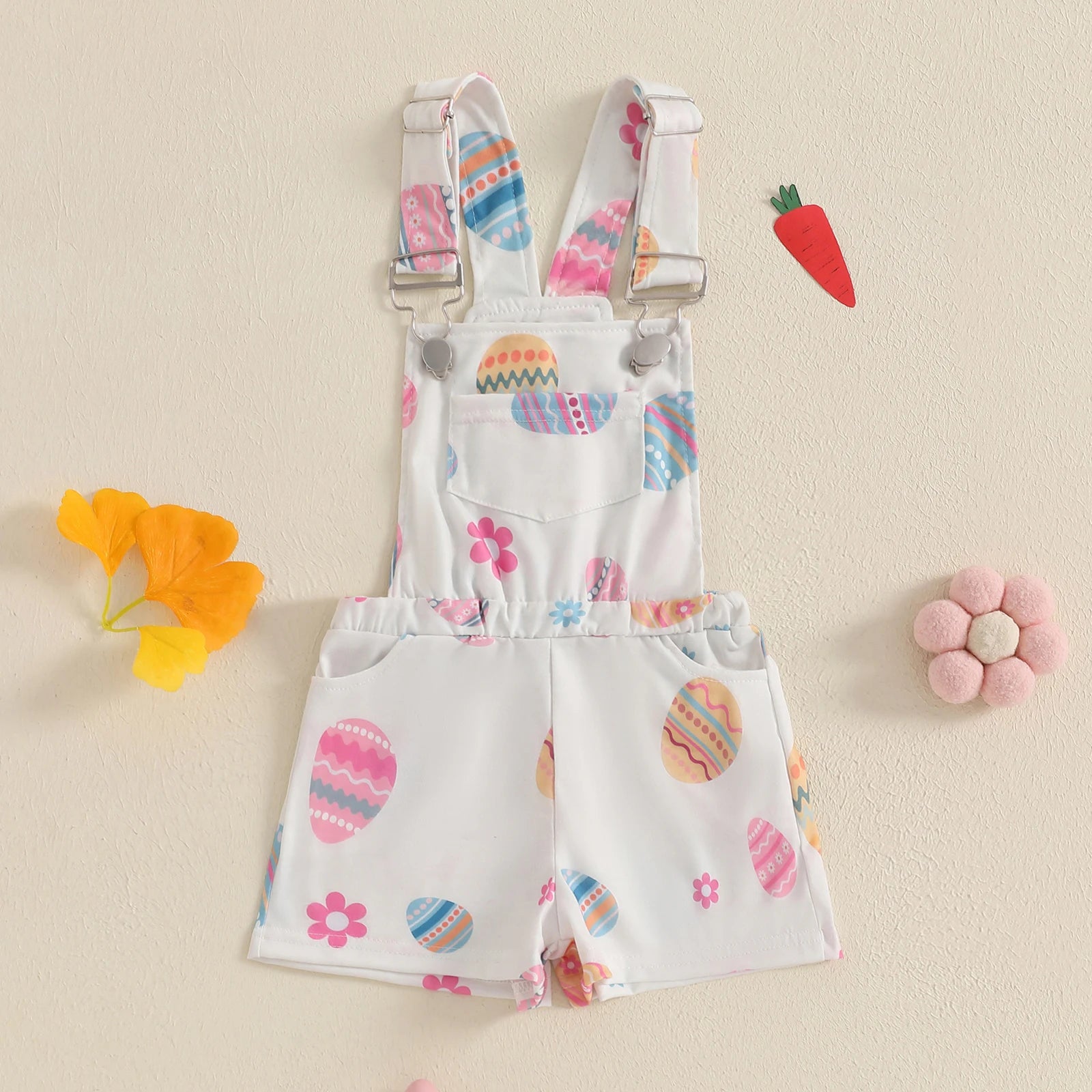 3-7Years Kids Girl Overalls Rompers Easter Egg/Bunny Print Sleeveless Square Neck Suspender Romper Toddlers Jumpsuit