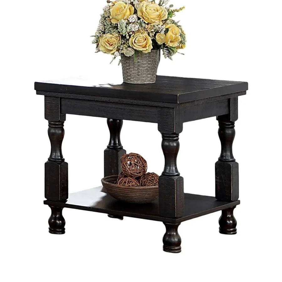 Rustic Style Antique Black 1pc End Table with Open Bottom Shelf Plank Style Top for Living Room Furniture